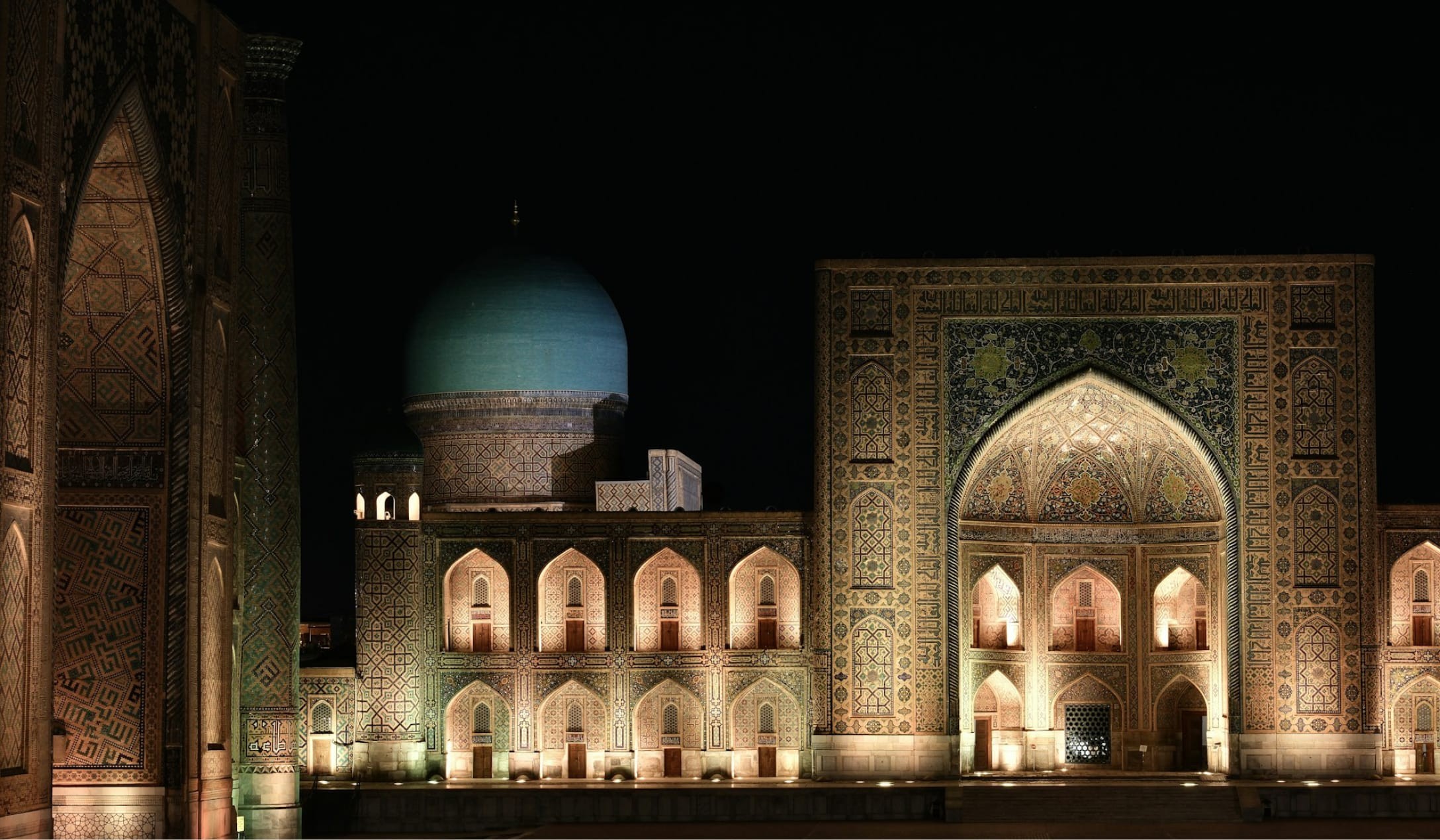 Registan Square, Samarkand illuminated at dusk